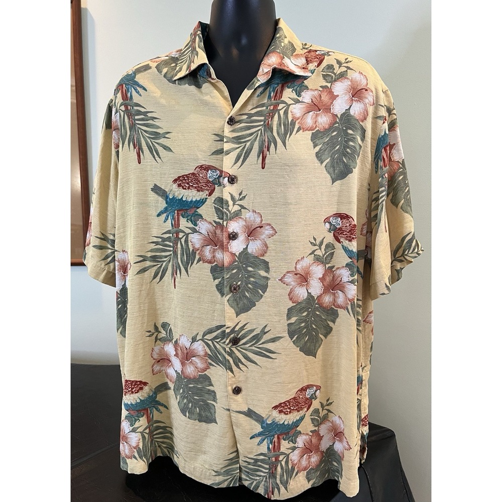 Silk Blend Hawaiian Shirt Mens XL Short Sleeve Button Down Lovebirds Floral Tan